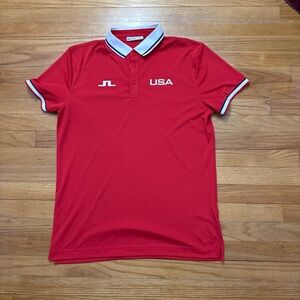 J Lindeberg Timeo Polo Shirt Mens Large Red USA Flag Performance Tennis Golf L